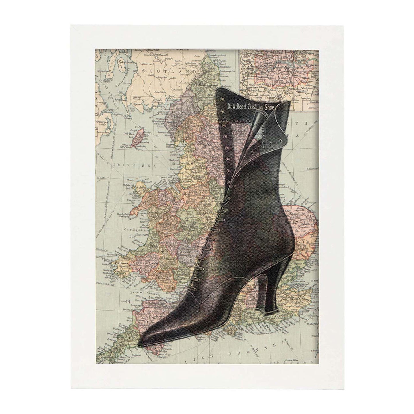 Poster de Bota sobre Inglaterra. Láminas de mapas del mundo. Decoración con mapas e imágenes vintage.-Artwork-Nacnic-A3-Marco Blanco-Nacnic Estudio SL