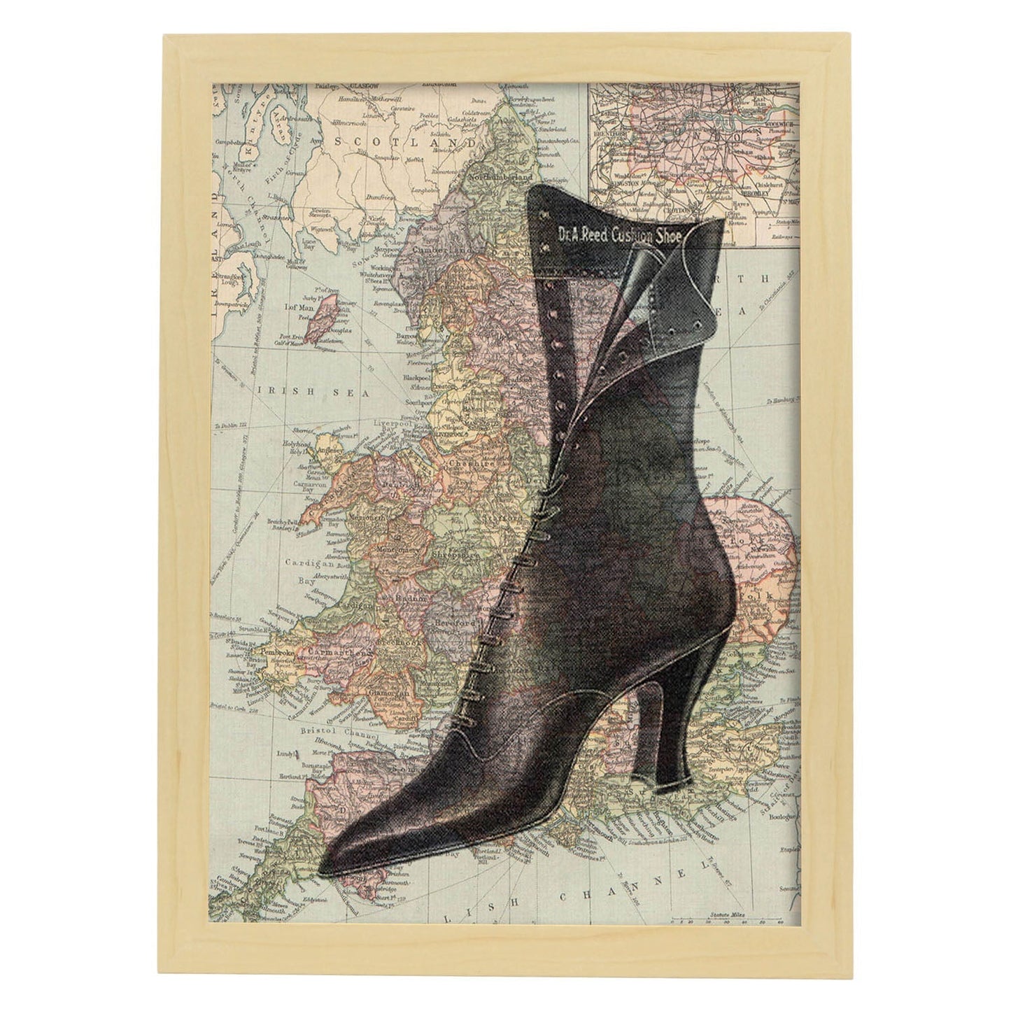 Poster de Bota sobre Inglaterra. Láminas de mapas del mundo. Decoración con mapas e imágenes vintage.-Artwork-Nacnic-A4-Marco Madera clara-Nacnic Estudio SL