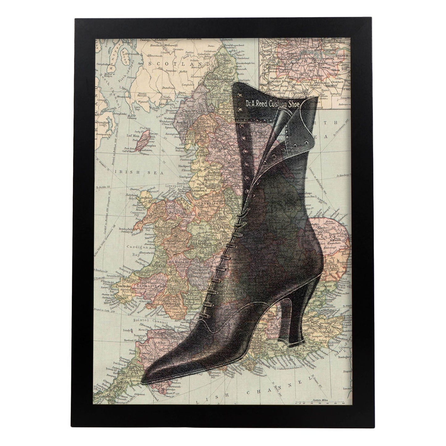 Poster de Bota sobre Inglaterra. Láminas de mapas del mundo. Decoración con mapas e imágenes vintage.-Artwork-Nacnic-A4-Marco Negro-Nacnic Estudio SL
