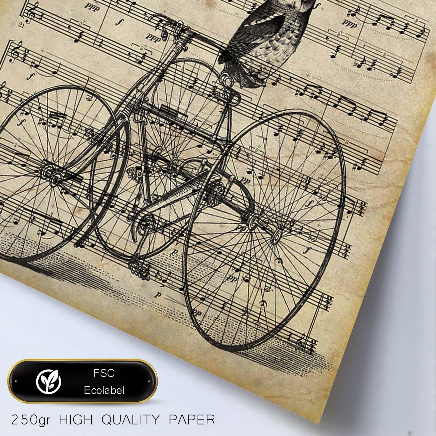 Poster de Buho en bicicleta sobre partitura. Láminas de imágenes con partituras. Diseño de música para el hogar.-Artwork-Nacnic-Nacnic Estudio SL