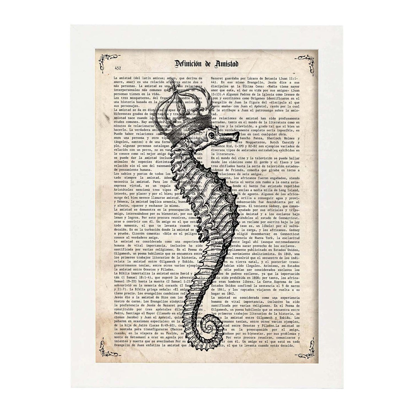 Poster de Caballito de mar con corona. Láminas de animales con definiciones. Regalo para los amantes de los animales.-Artwork-Nacnic-A3-Marco Blanco-Nacnic Estudio SL