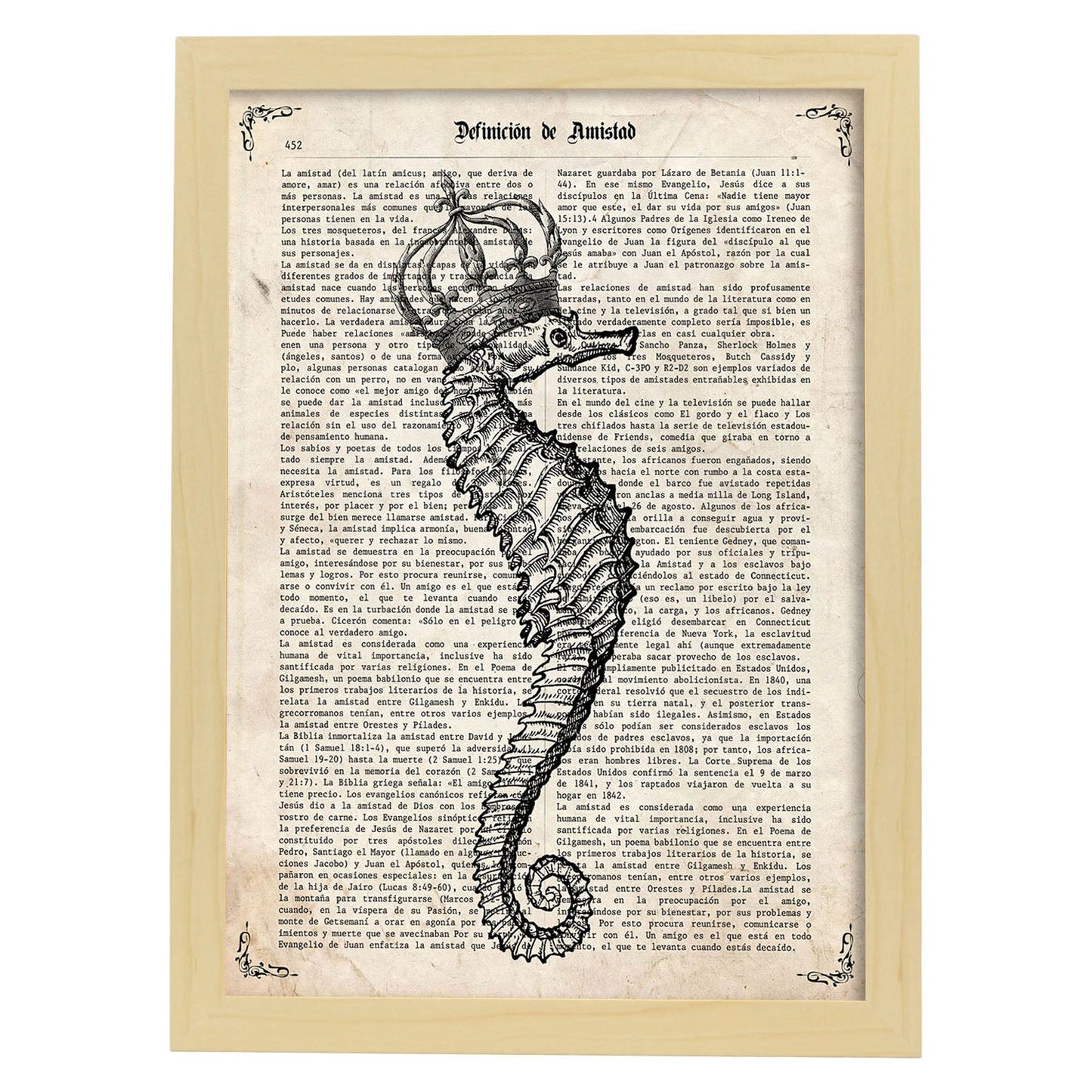 Poster de Caballito de mar con corona. Láminas de animales con definiciones. Regalo para los amantes de los animales.-Artwork-Nacnic-A3-Marco Madera clara-Nacnic Estudio SL