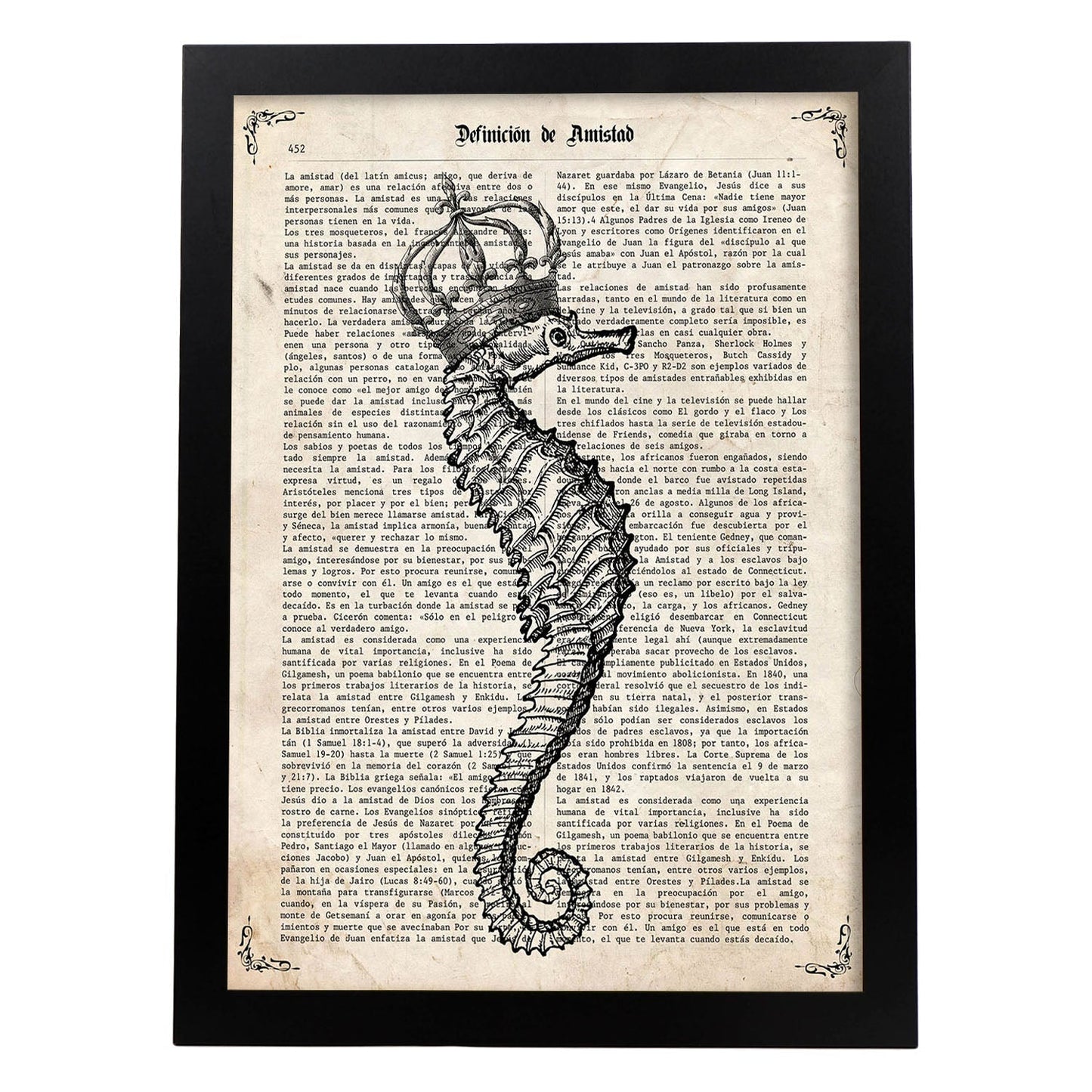 Poster de Caballito de mar con corona. Láminas de animales con definiciones. Regalo para los amantes de los animales.-Artwork-Nacnic-A3-Marco Negro-Nacnic Estudio SL