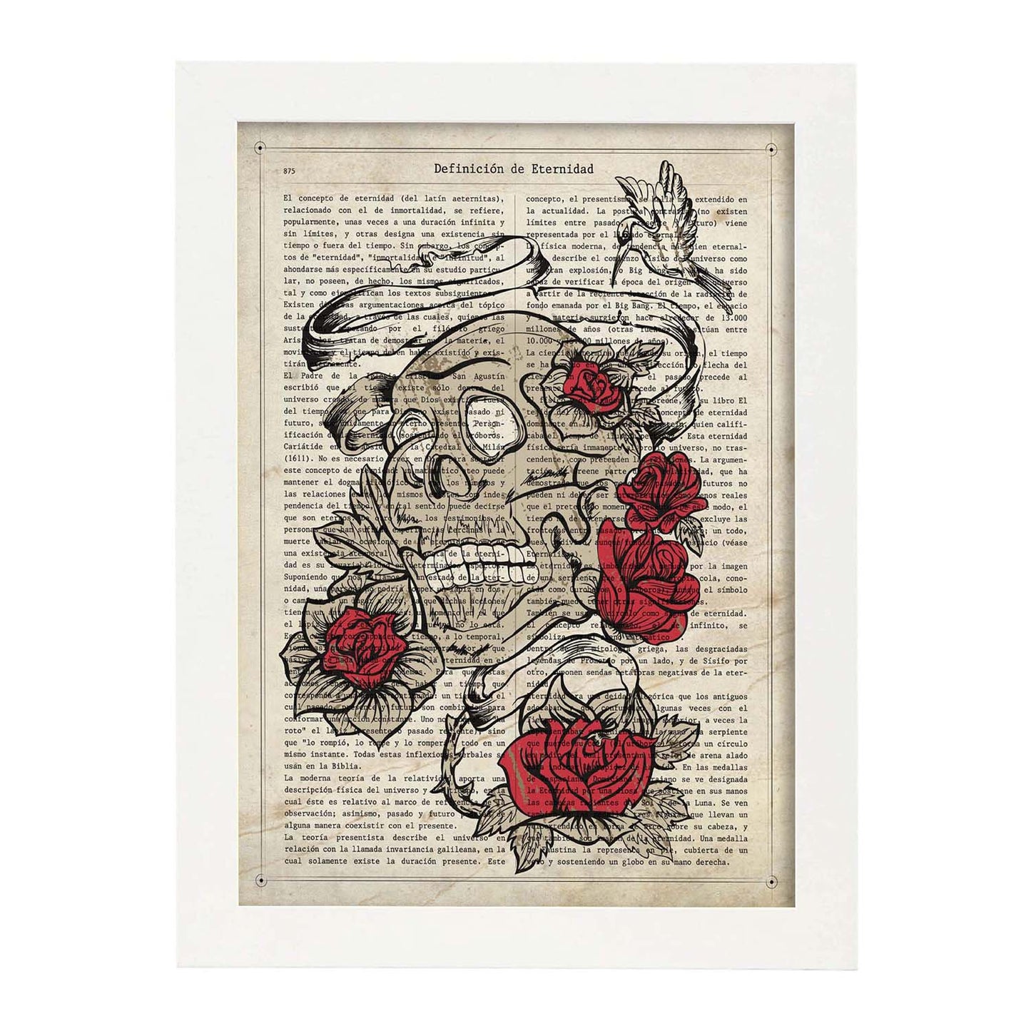 Poster de Calavera con rosas. Láminas de calaveras. Decoración de hogar.-Artwork-Nacnic-A3-Marco Blanco-Nacnic Estudio SL