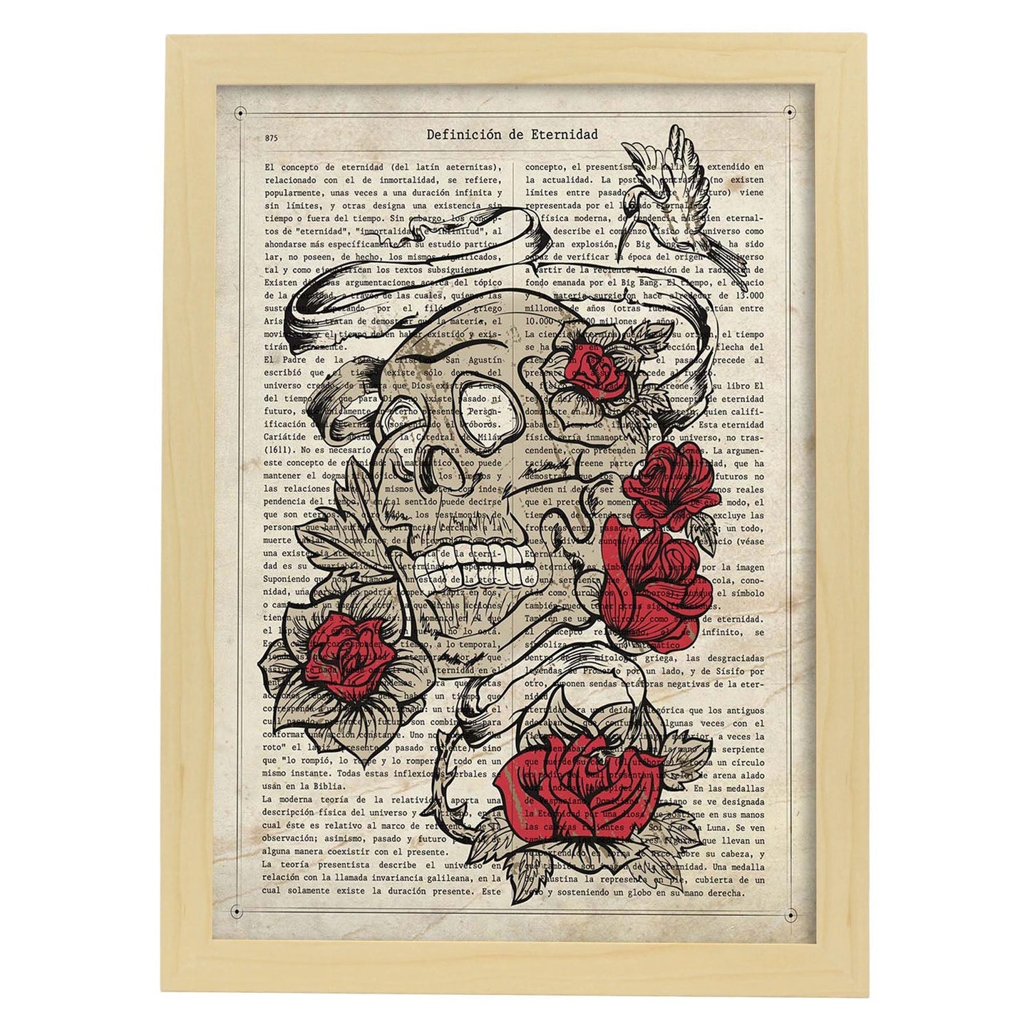 Poster de Calavera con rosas. Láminas de calaveras. Decoración de hogar.-Artwork-Nacnic-A4-Marco Madera clara-Nacnic Estudio SL