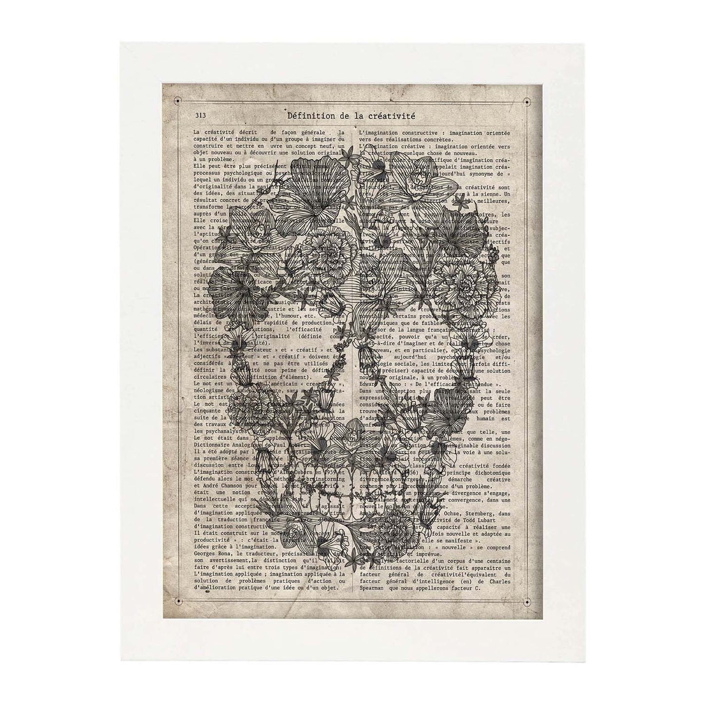 Poster de Calavera flores blanco y negro. Láminas de calaveras. Decoración de hogar.-Artwork-Nacnic-A3-Marco Blanco-Nacnic Estudio SL