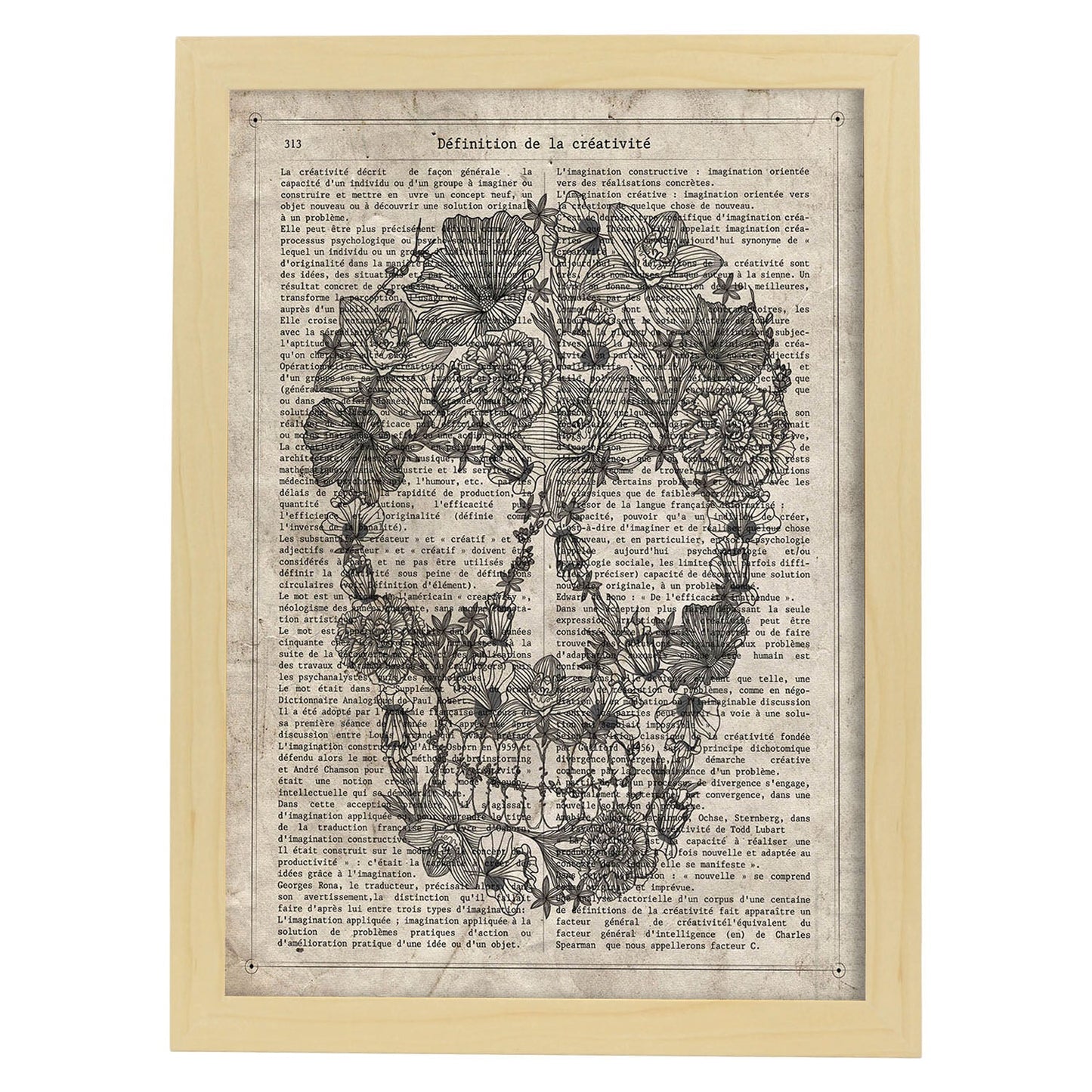 Poster de Calavera flores blanco y negro. Láminas de calaveras. Decoración de hogar.-Artwork-Nacnic-A3-Marco Madera clara-Nacnic Estudio SL