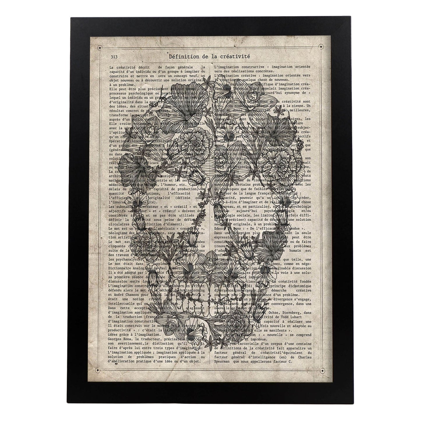 Poster de Calavera flores blanco y negro. Láminas de calaveras. Decoración de hogar.-Artwork-Nacnic-A3-Marco Negro-Nacnic Estudio SL
