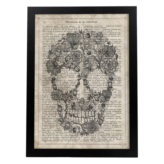 Poster de Calavera flores blanco y negro. Láminas de calaveras. Decoración de hogar.-Artwork-Nacnic-A4-Marco Negro-Nacnic Estudio SL