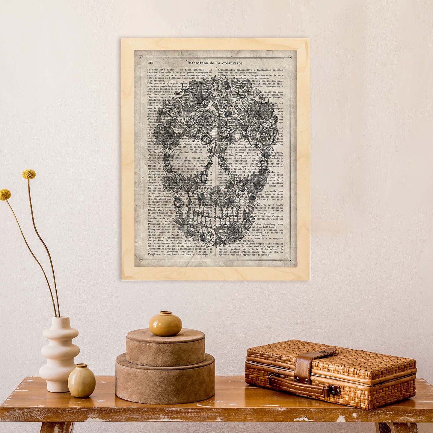 Poster de Calavera flores blanco y negro. Láminas de calaveras. Decoración de hogar.-Artwork-Nacnic-Nacnic Estudio SL