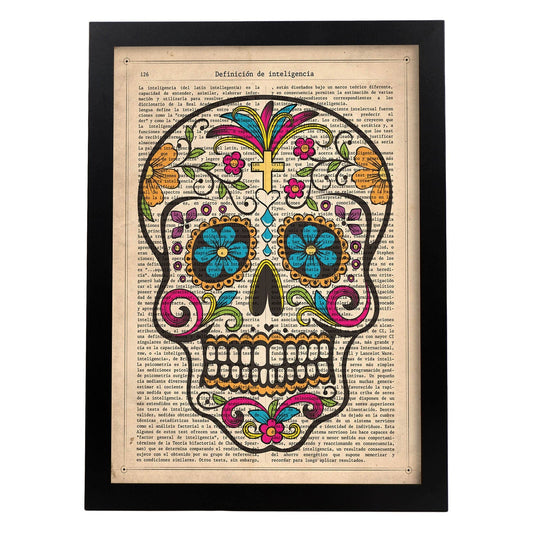 Poster de Calavera mexicana colores. Láminas de calaveras. Decoración de hogar.-Artwork-Nacnic-A4-Marco Negro-Nacnic Estudio SL