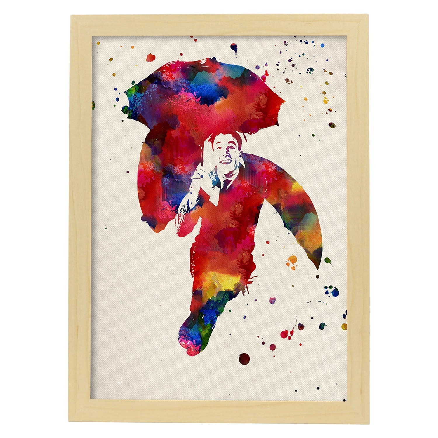 Poster de Cantando bajo la lluvia con diseño acuarela. Mix de láminas con estilo acuarela-Artwork-Nacnic-A3-Marco Madera clara-Nacnic Estudio SL