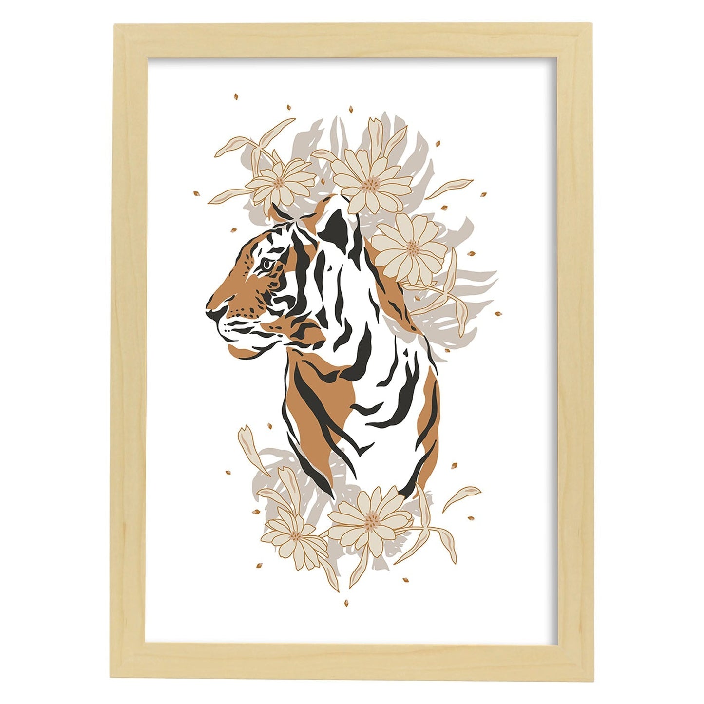 Poster de Cara Tigre. Lámina de animal de la jungla con flores y vegetación.-Artwork-Nacnic-A3-Marco Madera clara-Nacnic Estudio SL