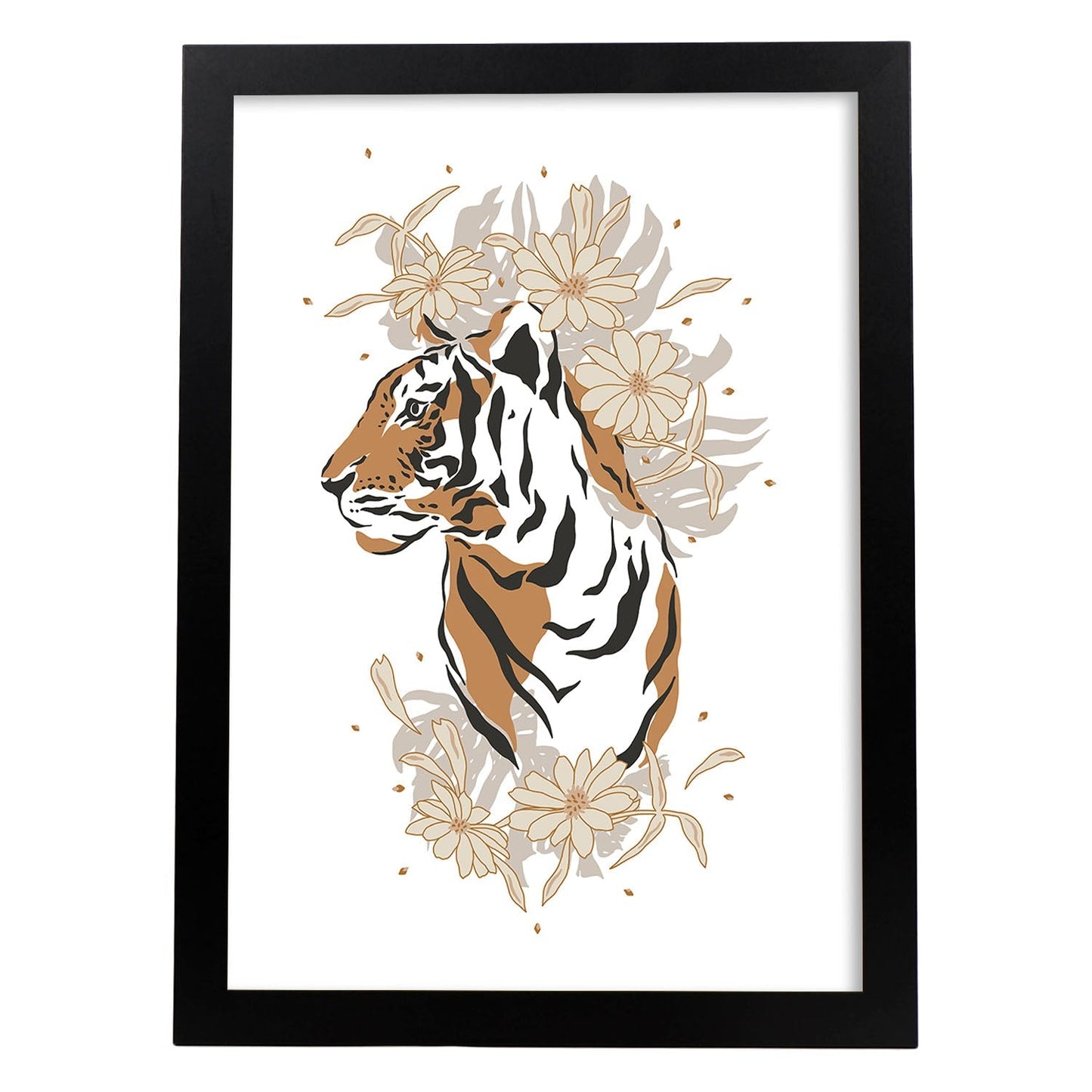Poster de Cara Tigre. Lámina de animal de la jungla con flores y vegetación.-Artwork-Nacnic-A3-Marco Negro-Nacnic Estudio SL