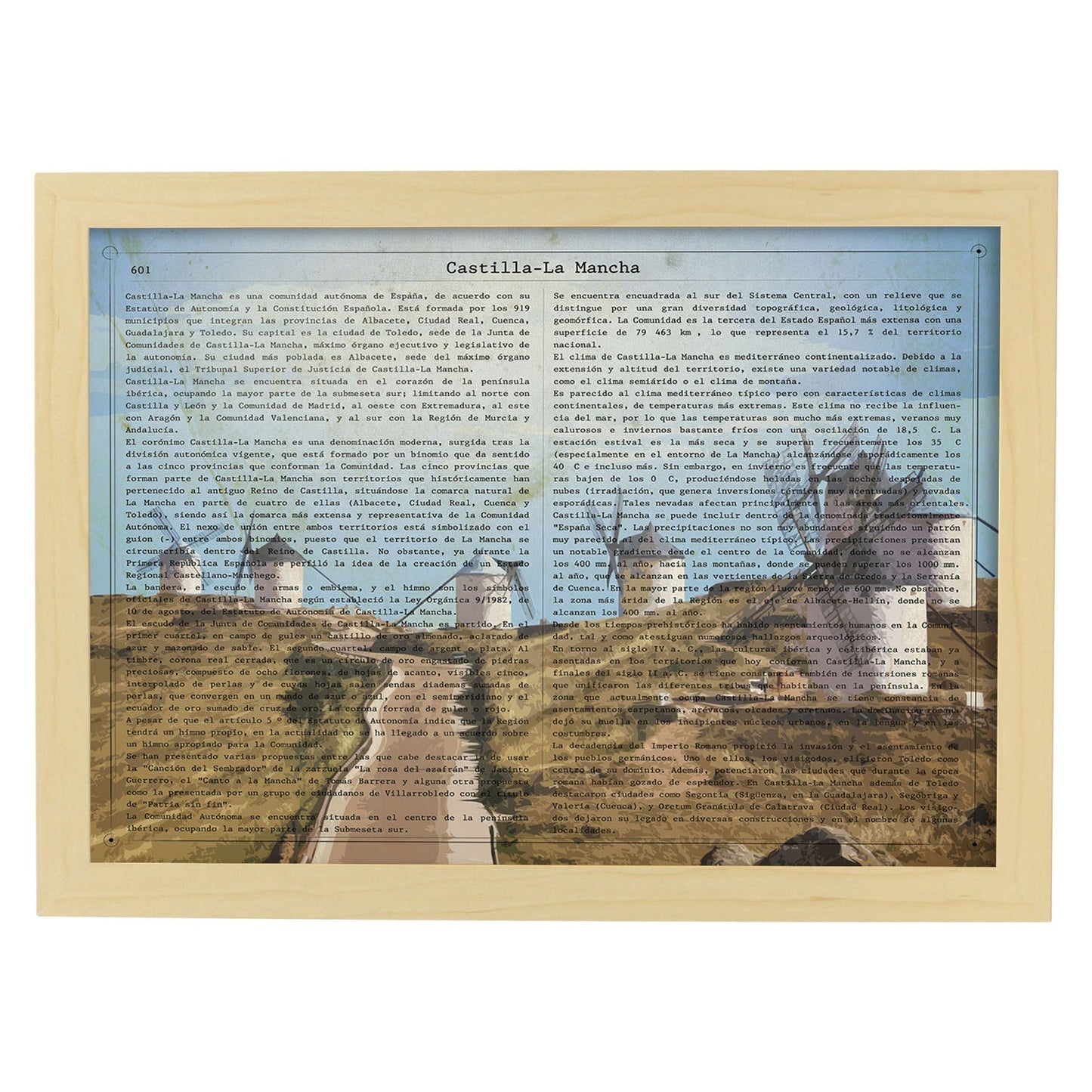 Poster de Castilla la Mancha. Láminas de comunidades autónomas de España.-Artwork-Nacnic-A4-Marco Madera clara-Nacnic Estudio SL