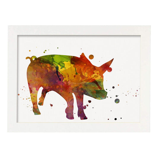 Poster de Cerdo estilo acuarela. Láminas de animales con estilo acuarela-Artwork-Nacnic-A4-Marco Blanco-Nacnic Estudio SL
