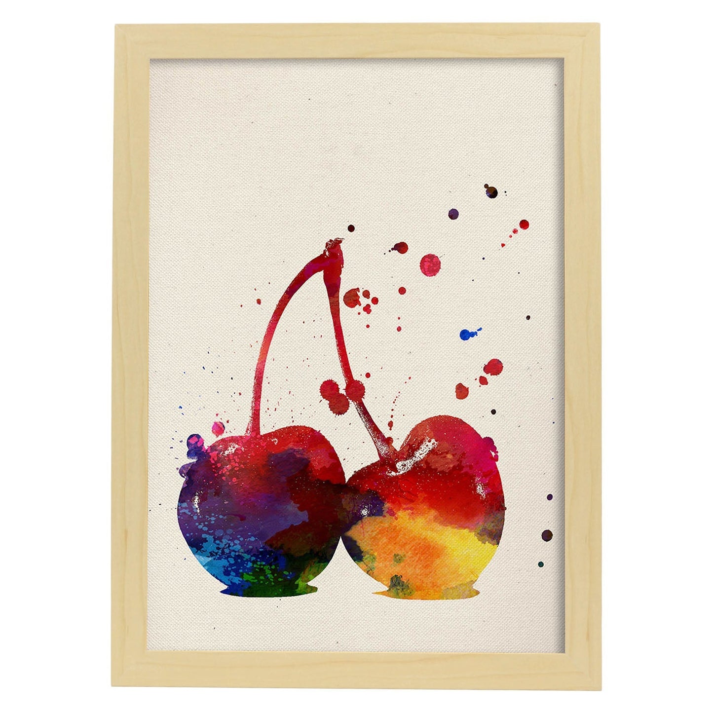 Poster de Cerezas con diseño acuarela. Mix de láminas con estilo acuarela-Artwork-Nacnic-A4-Marco Madera clara-Nacnic Estudio SL