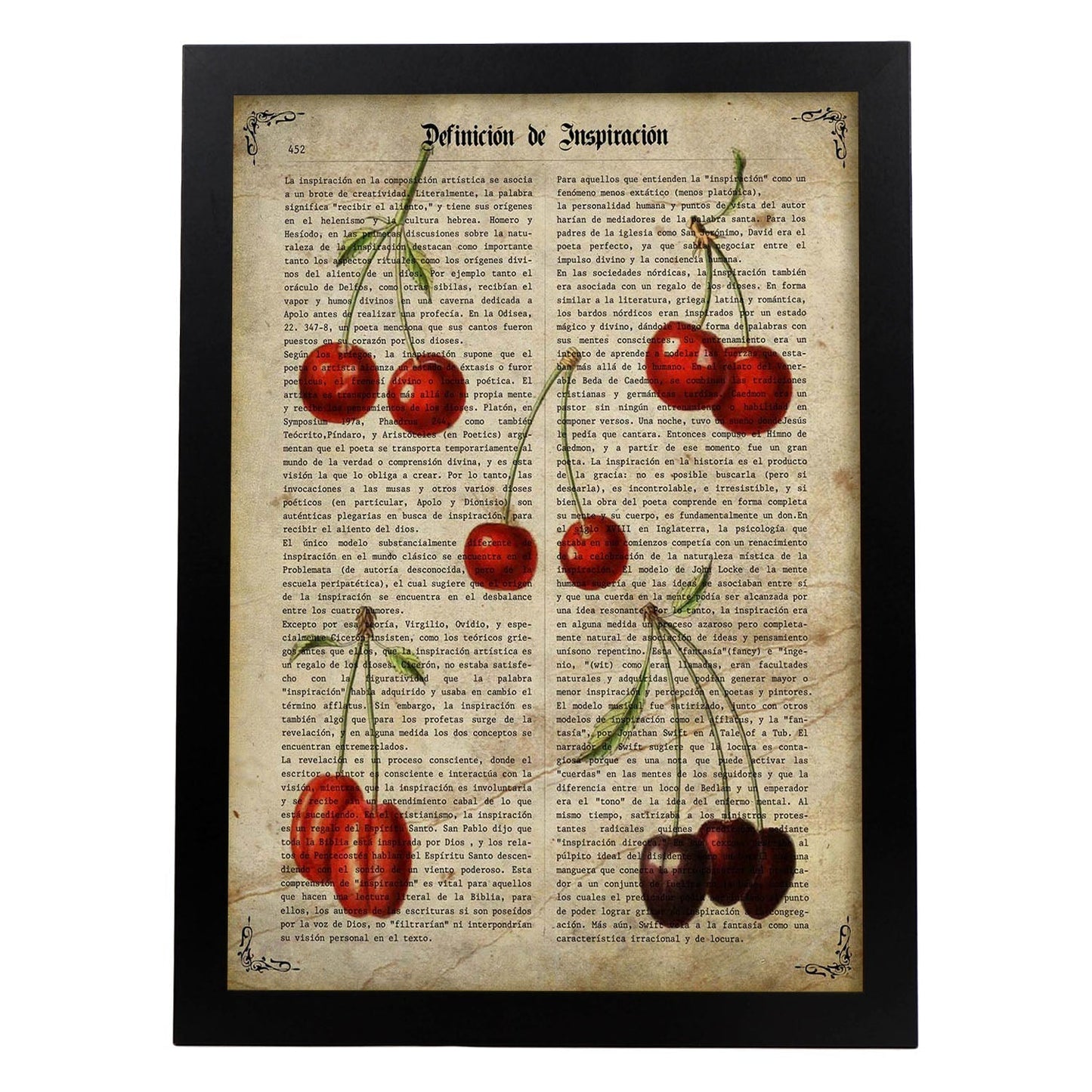 Poster de Cerezas. Láminas de frutas y verduras con definiciones. Ilustraciones de alimentacion vegetariana.-Artwork-Nacnic-A3-Marco Negro-Nacnic Estudio SL