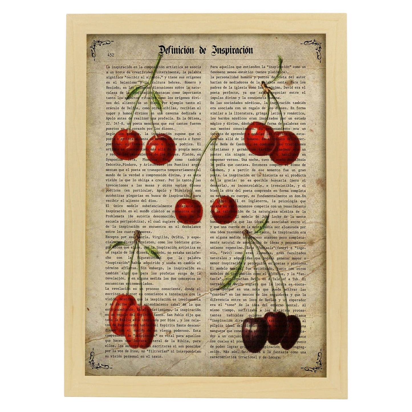 Poster de Cerezas. Láminas de frutas y verduras con definiciones. Ilustraciones de alimentacion vegetariana.-Artwork-Nacnic-A4-Marco Madera clara-Nacnic Estudio SL