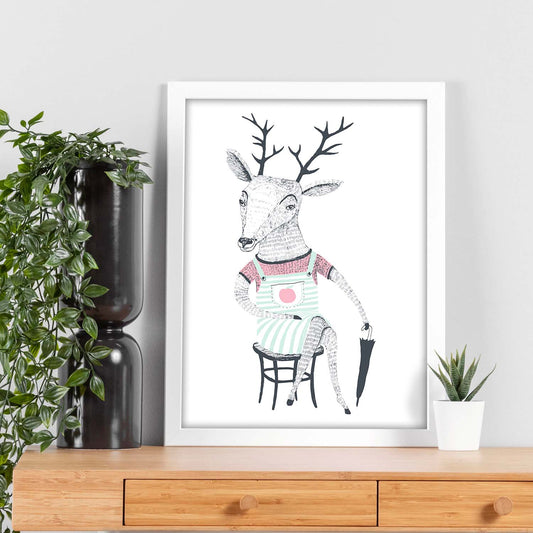 Poster de Ciervo con paraguas. Lámina de animales coloridos.-Artwork-Nacnic-Nacnic Estudio SL