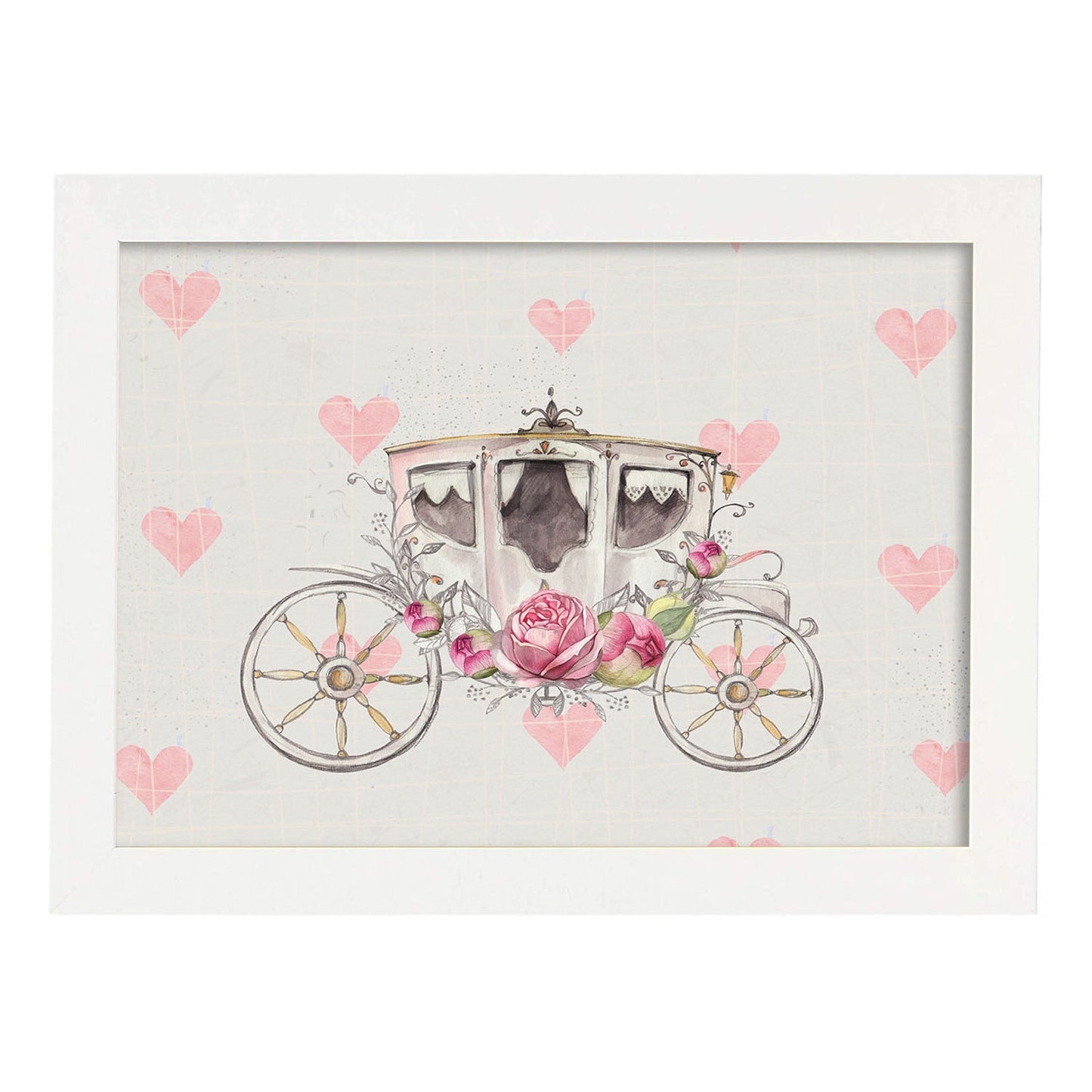 Poster de coches y vehículos. Lámina Coche de caballos de día con imágenes iilustradas de coches vintage a todo color.-Artwork-Nacnic-A3-Marco Blanco-Nacnic Estudio SL