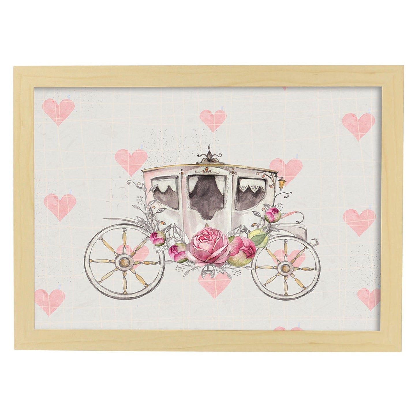 Poster de coches y vehículos. Lámina Coche de caballos de día con imágenes iilustradas de coches vintage a todo color.-Artwork-Nacnic-A3-Marco Madera clara-Nacnic Estudio SL