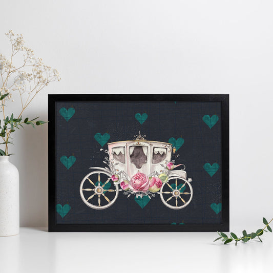Poster de coches y vehículos. Lámina Coche de caballos de noche con imágenes iilustradas de coches vintage a todo color.-Artwork-Nacnic-Nacnic Estudio SL