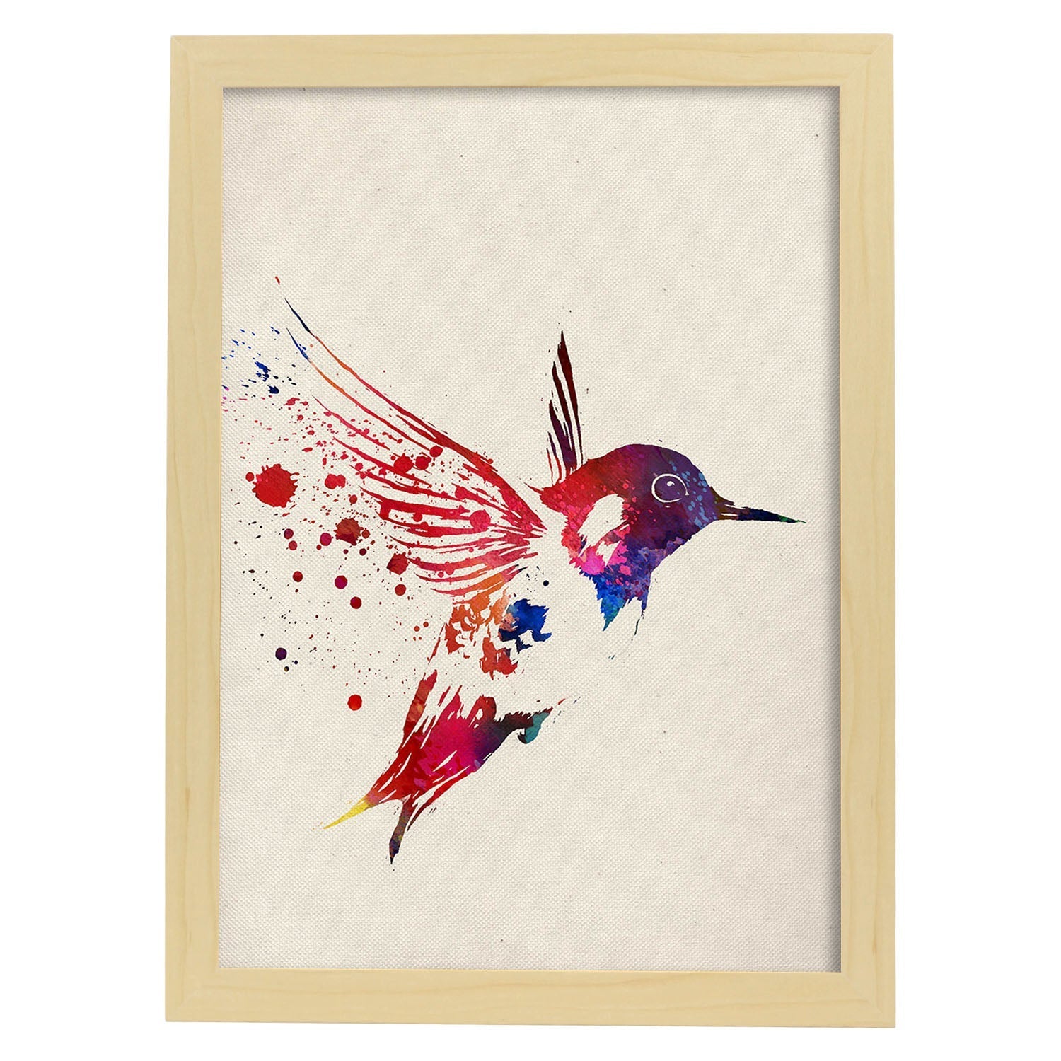 Poster de Colibrí con diseño acuarela. Mix de láminas con estilo acuarela-Artwork-Nacnic-A3-Marco Madera clara-Nacnic Estudio SL