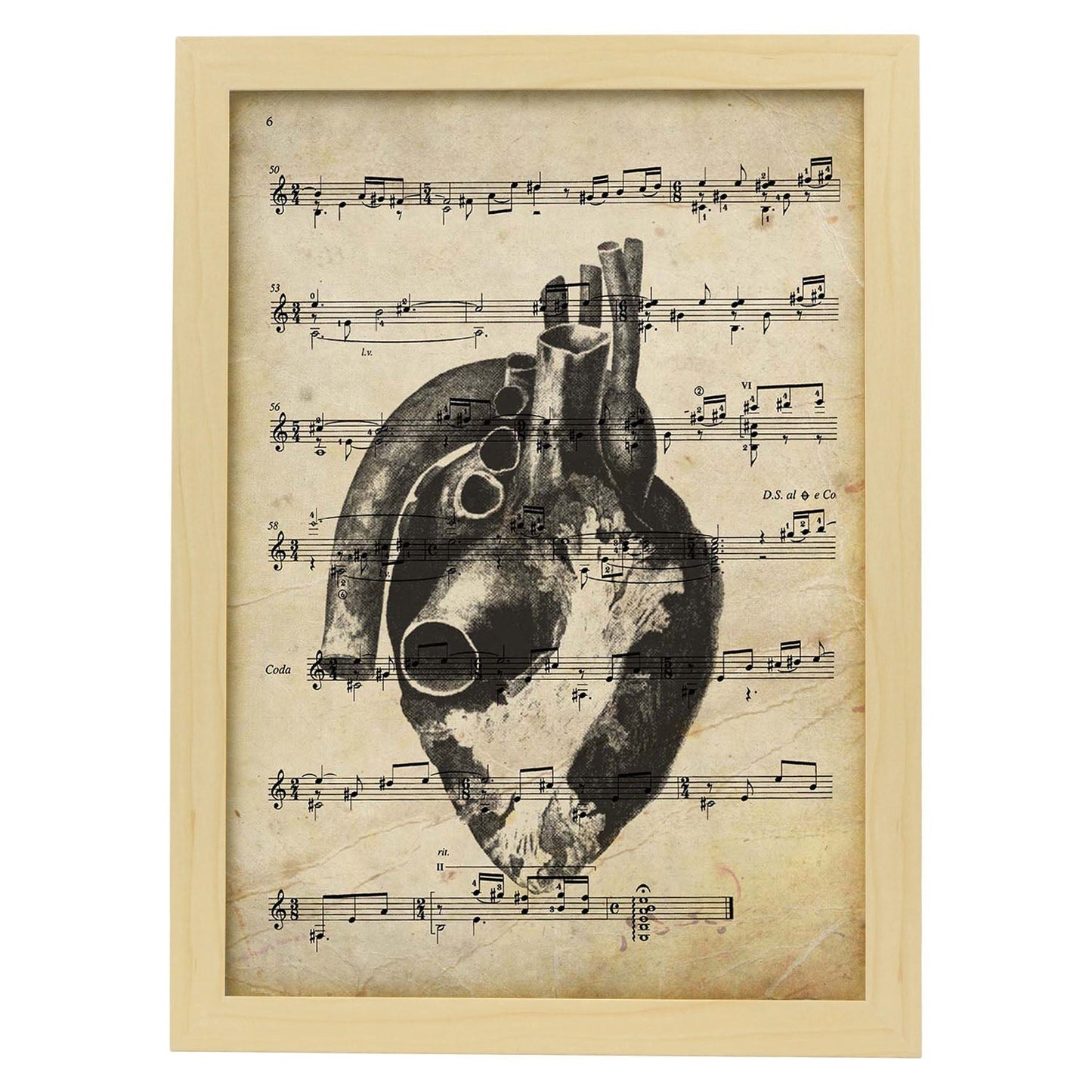 Poster de Corazon anatomico sobre partitura. Láminas de imágenes con partituras. Diseño de música para el hogar.-Artwork-Nacnic-A3-Marco Madera clara-Nacnic Estudio SL