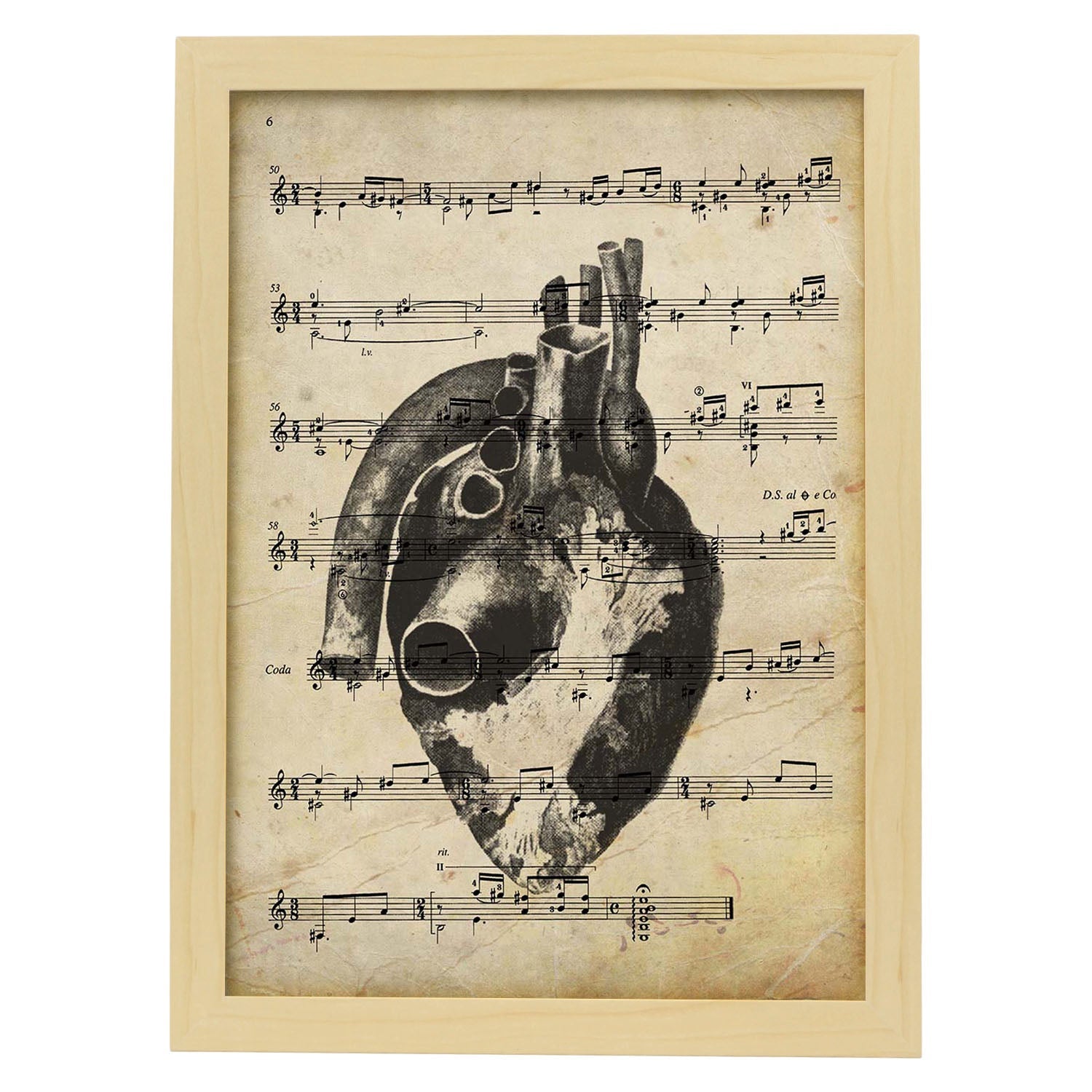 Poster de Corazon anatomico sobre partitura. Láminas de imágenes con partituras. Diseño de música para el hogar.-Artwork-Nacnic-A3-Marco Madera clara-Nacnic Estudio SL