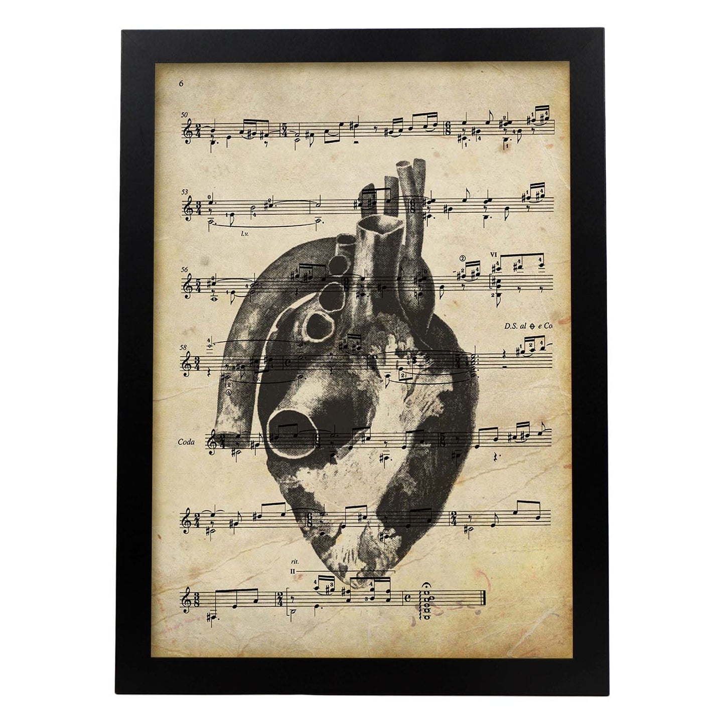Poster de Corazon anatomico sobre partitura. Láminas de imágenes con partituras. Diseño de música para el hogar.-Artwork-Nacnic-A4-Marco Negro-Nacnic Estudio SL