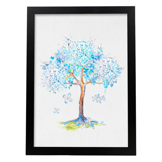 Poster de coronas florales. Lámina Arbol azul lila, ilustrada con diseños de flores, plantas, y animales.-Artwork-Nacnic-A4-Marco Negro-Nacnic Estudio SL