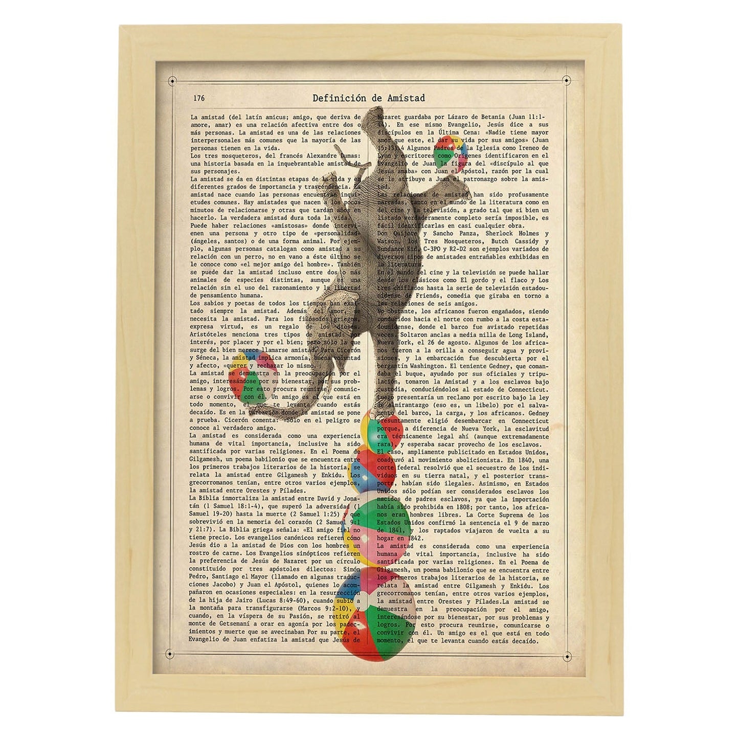 Poster de Elefante con pelotas. Láminas de elefantes con definiciones. Diseño con imágenes de elefantes y textos.-Artwork-Nacnic-A3-Marco Madera clara-Nacnic Estudio SL
