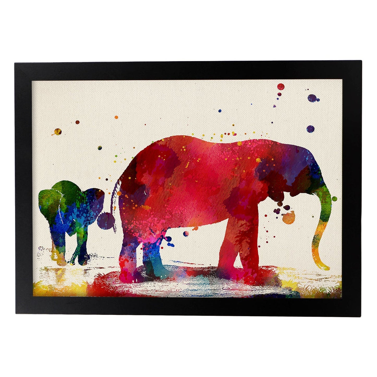 Poster de Elefante Padre e hijo con diseño acuarela. Mix de láminas con estilo acuarela-Artwork-Nacnic-A3-Marco Negro-Nacnic Estudio SL