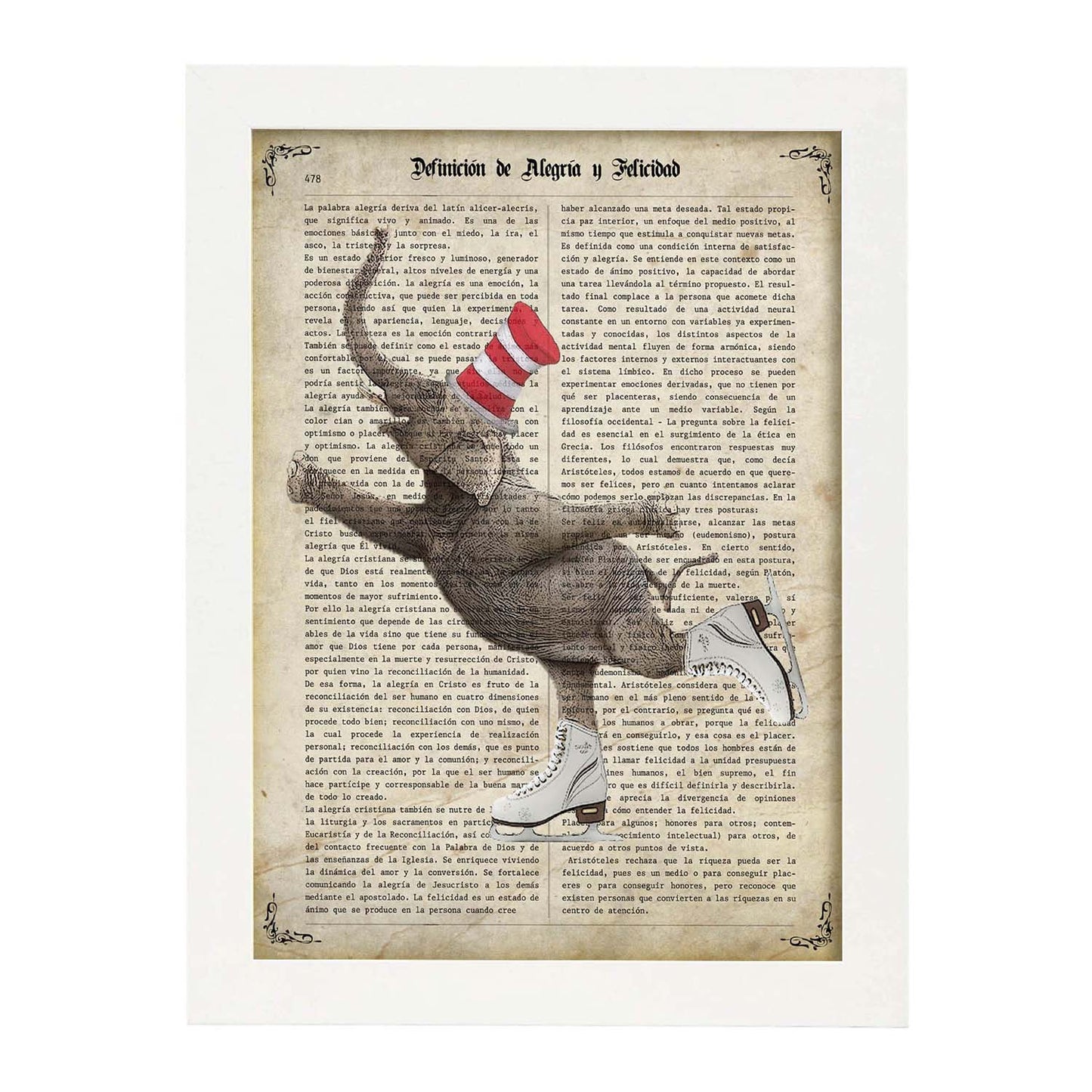 Poster de Elefante patinando. Láminas de elefantes con definiciones. Diseño con imágenes de elefantes y textos.-Artwork-Nacnic-A3-Marco Blanco-Nacnic Estudio SL