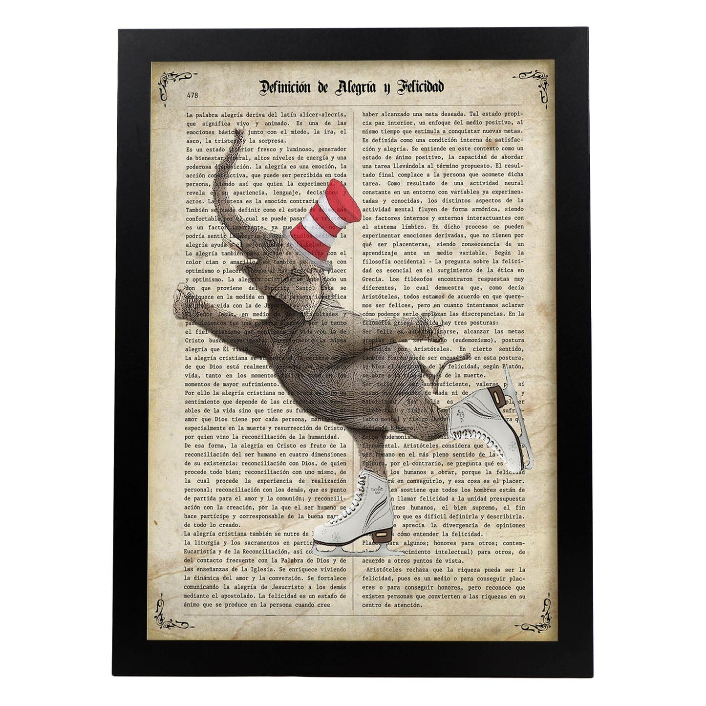 Poster de Elefante patinando. Láminas de elefantes con definiciones. Diseño con imágenes de elefantes y textos.-Artwork-Nacnic-A3-Marco Negro-Nacnic Estudio SL