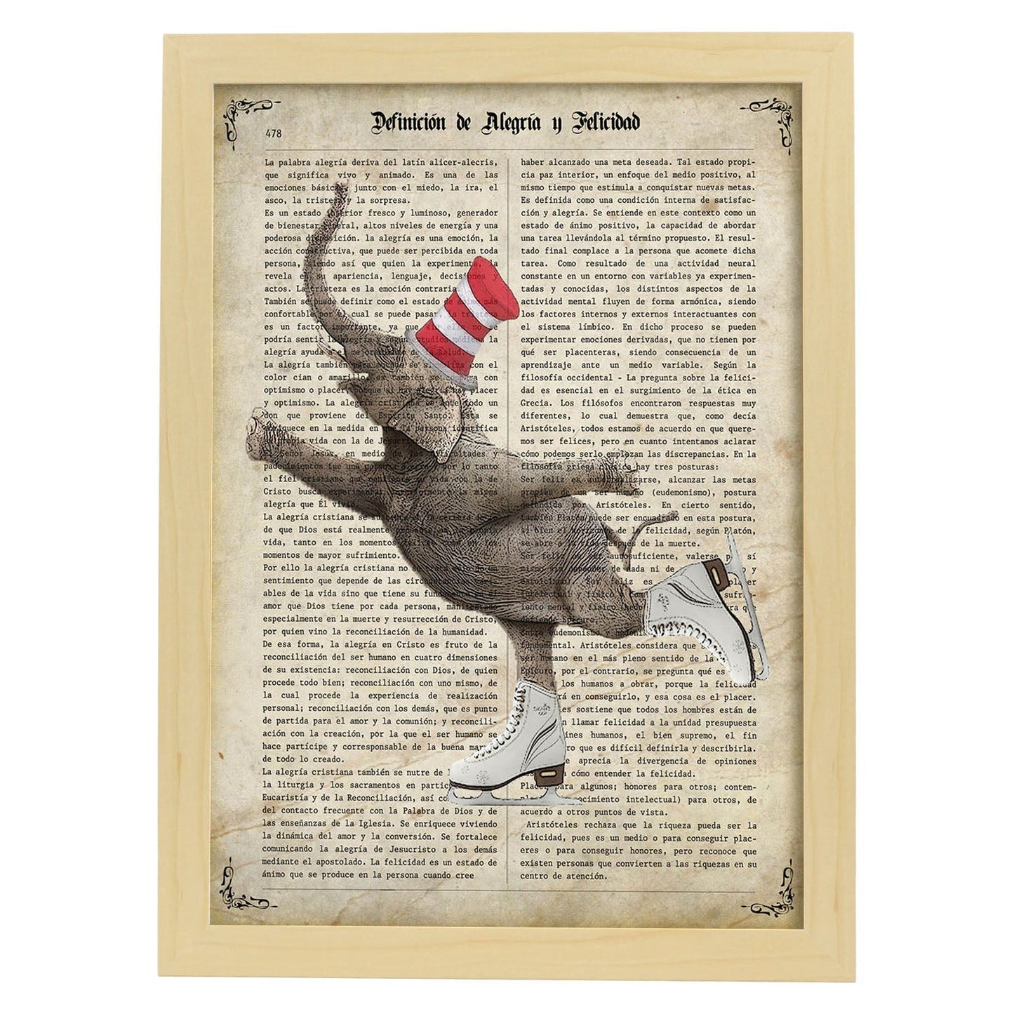 Poster de Elefante patinando. Láminas de elefantes con definiciones. Diseño con imágenes de elefantes y textos.-Artwork-Nacnic-A4-Marco Madera clara-Nacnic Estudio SL