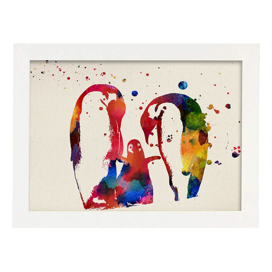 Poster de Familia de pingüinos con diseño acuarela. Mix de láminas con estilo acuarela-Artwork-Nacnic-A4-Marco Blanco-Nacnic Estudio SL