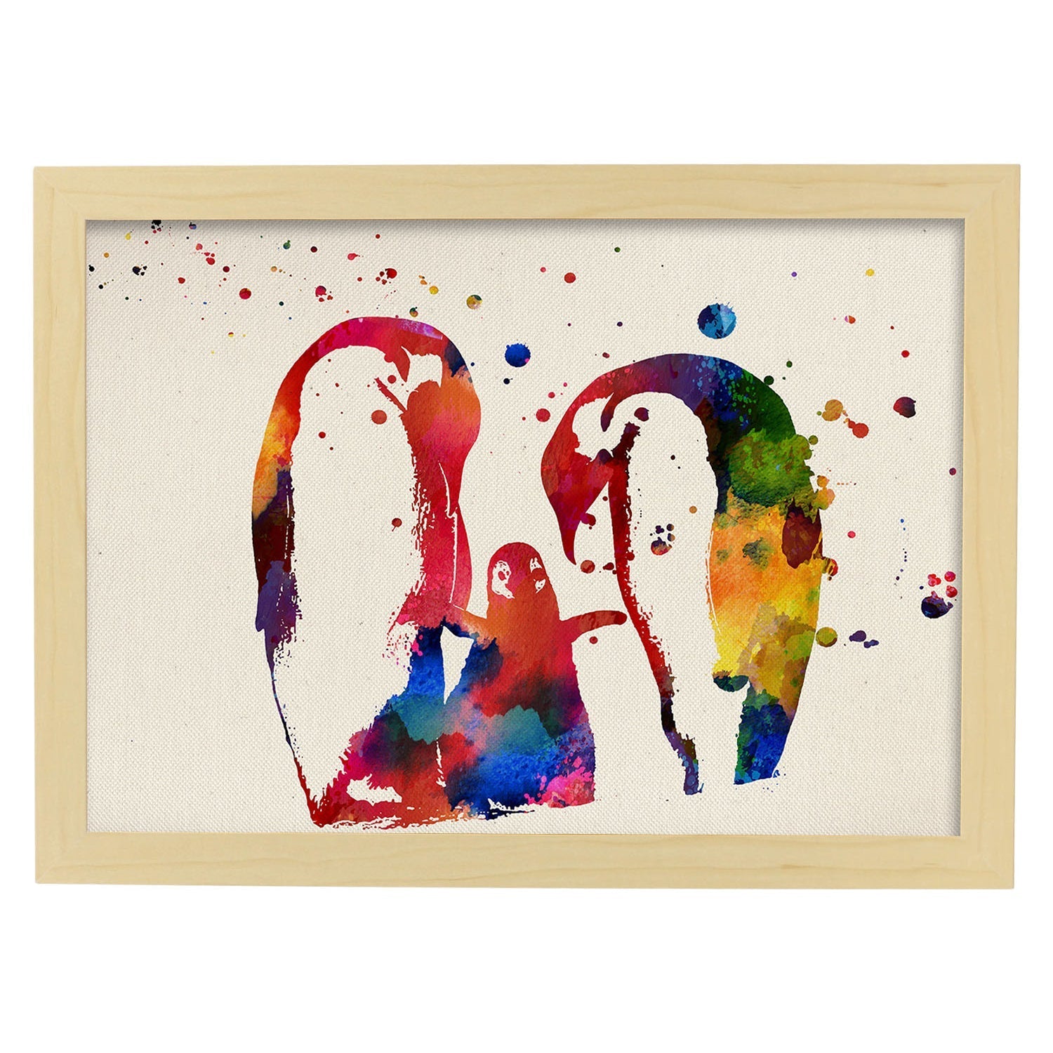 Poster de Familia de pingüinos con diseño acuarela. Mix de láminas con estilo acuarela-Artwork-Nacnic-A4-Marco Madera clara-Nacnic Estudio SL