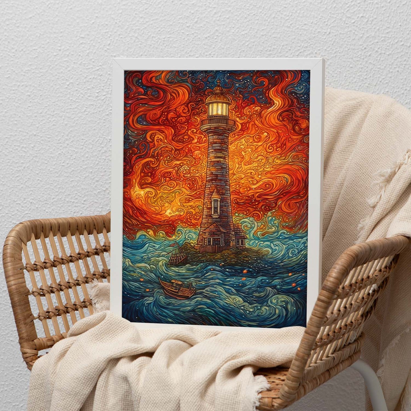 Póster de Faro Iluminado en la Noche
