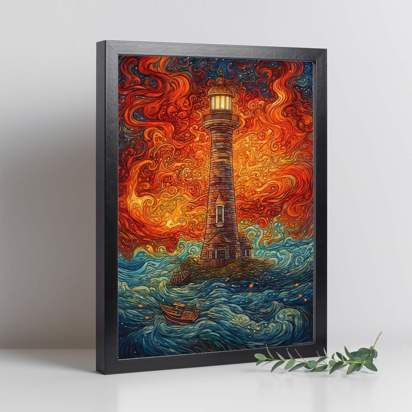 Póster de Faro Iluminado en la Noche