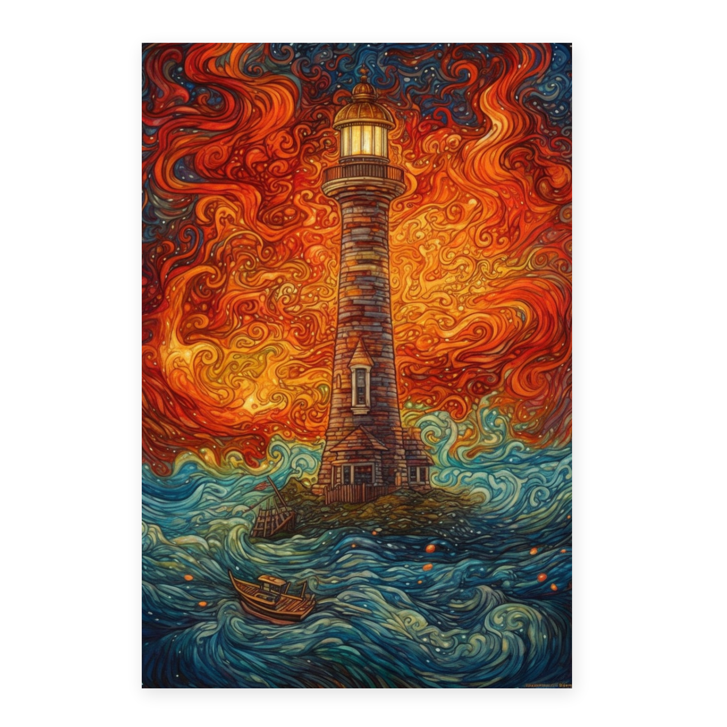 Póster de Faro Iluminado en la Noche