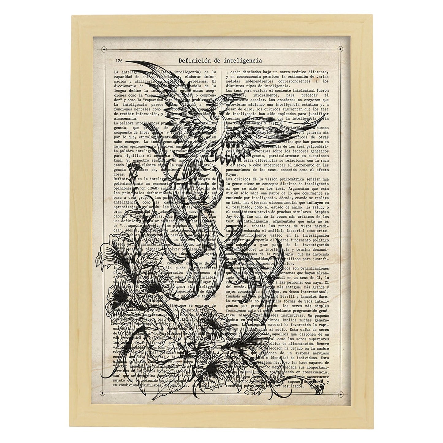 Poster de Fenix blanco y negro. Láminas de animales con definiciones. Ilustraciones de animales con textos.-Artwork-Nacnic-A3-Marco Madera clara-Nacnic Estudio SL