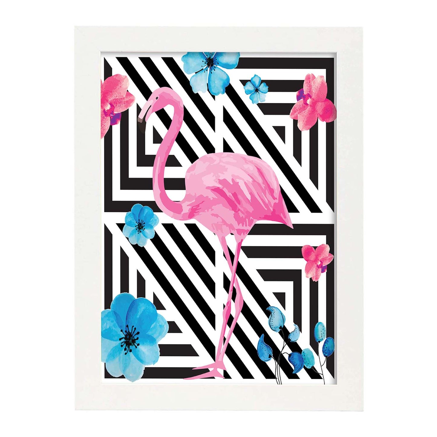 Poster de flamencos. Lámina Flamenco floral con imágenes de flamencos sobre fondo colorido. Posters de aves con diseño.-Artwork-Nacnic-A3-Marco Blanco-Nacnic Estudio SL