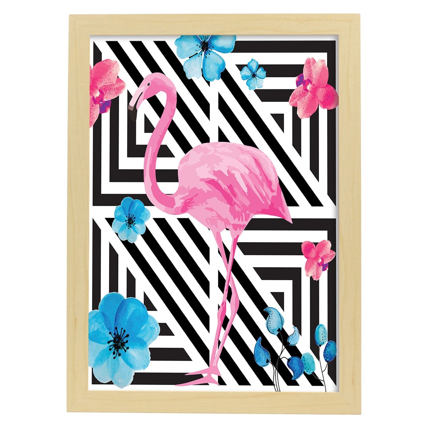 Poster de flamencos. Lámina Flamenco floral con imágenes de flamencos sobre fondo colorido. Posters de aves con diseño.-Artwork-Nacnic-A4-Marco Madera clara-Nacnic Estudio SL