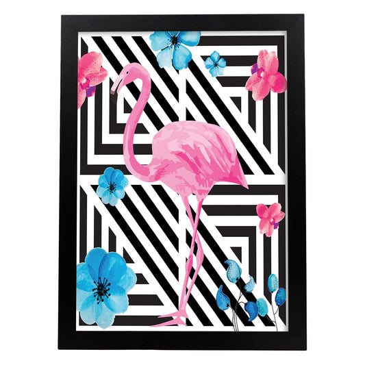 Poster de flamencos. Lámina Flamenco floral con imágenes de flamencos sobre fondo colorido. Posters de aves con diseño.-Artwork-Nacnic-A4-Marco Negro-Nacnic Estudio SL