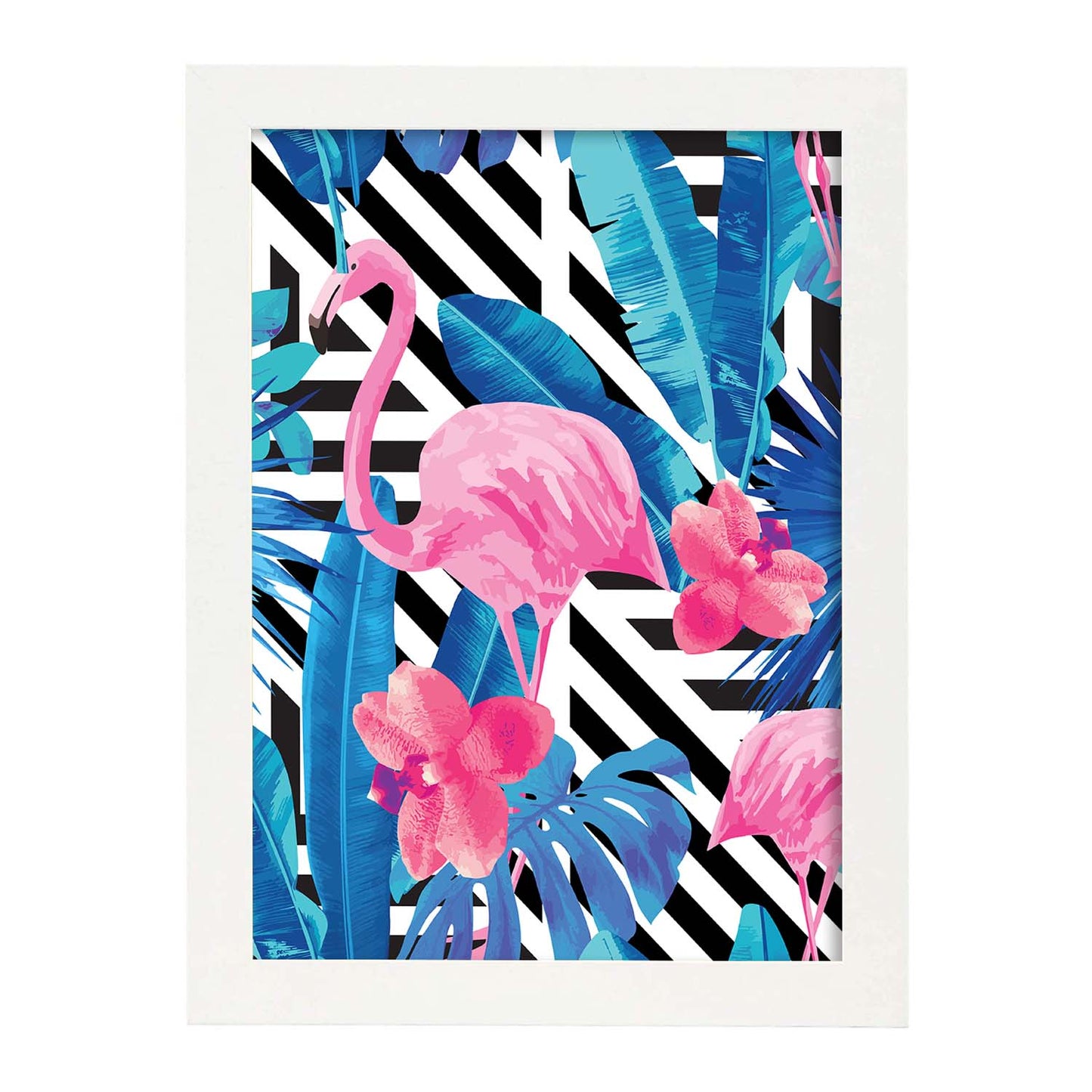 Poster de flamencos. Lámina Flamenco tropical con imágenes de flamencos sobre fondo colorido. Posters de aves con diseño.-Artwork-Nacnic-A4-Marco Blanco-Nacnic Estudio SL