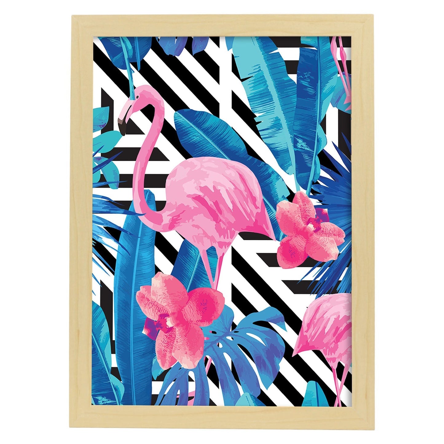 Poster de flamencos. Lámina Flamenco tropical con imágenes de flamencos sobre fondo colorido. Posters de aves con diseño.-Artwork-Nacnic-A4-Marco Madera clara-Nacnic Estudio SL