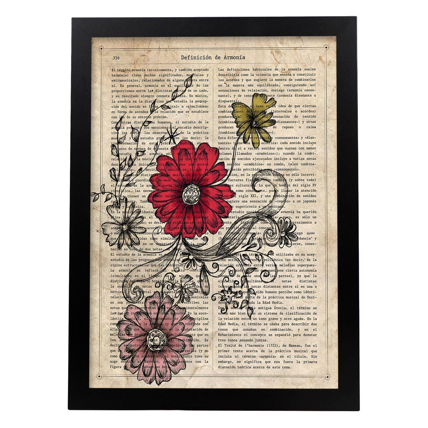 Poster de Flores roja y rosa. Láminas de flores diseñadas con estilo antiguo. Diseño de botánica y plantas.-Artwork-Nacnic-A4-Marco Negro-Nacnic Estudio SL