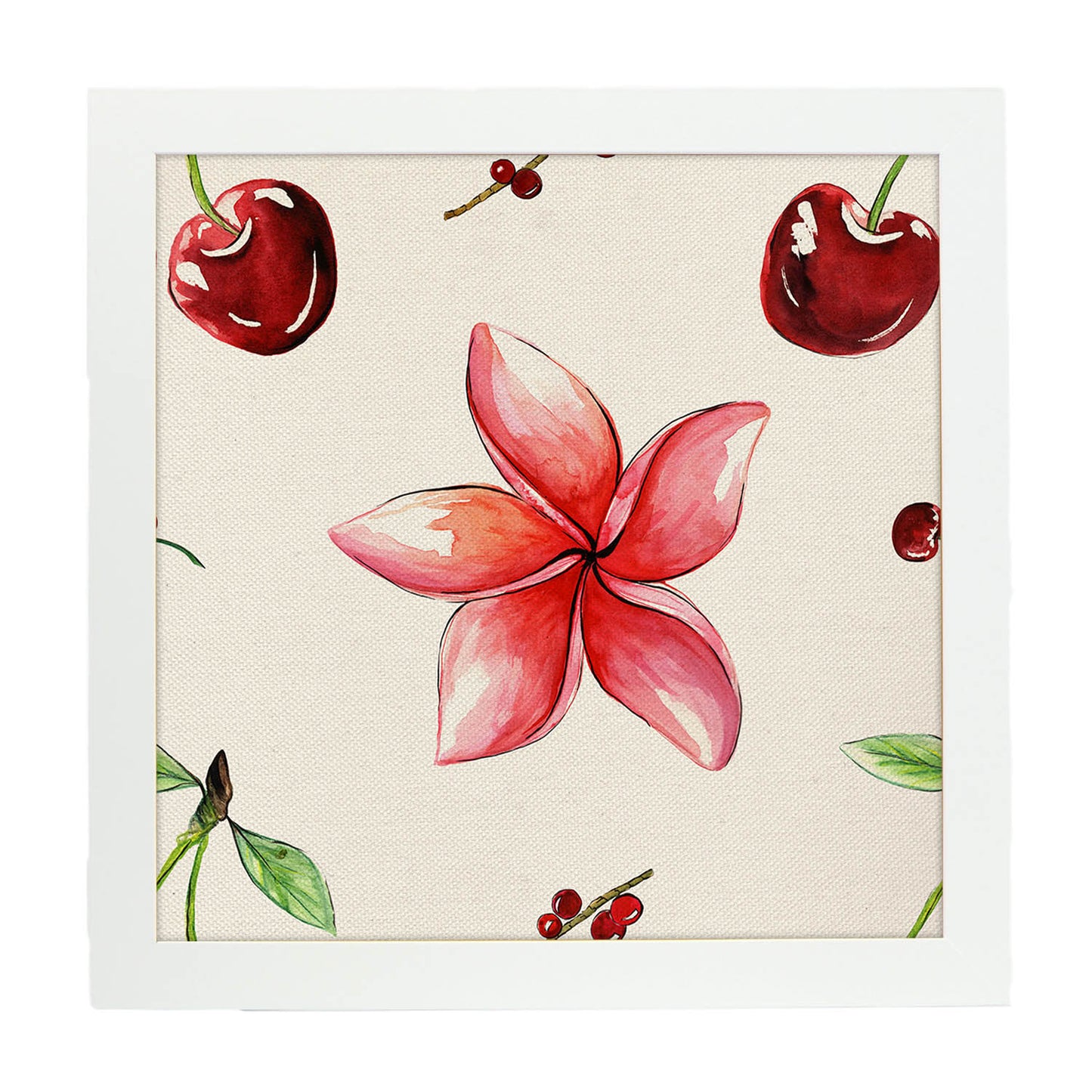 Poster de flores y naturaleza. Lámina cuadrada Flores y cerezas, ilustrada con dibujos a color.-Artwork-Nacnic-20x20 cm-Marco Blanco-Nacnic Estudio SL